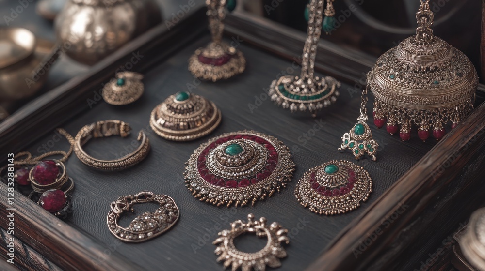 Obraz premium Exquisite Traditional Jewelry Displayed on Decorative Wooden Tray