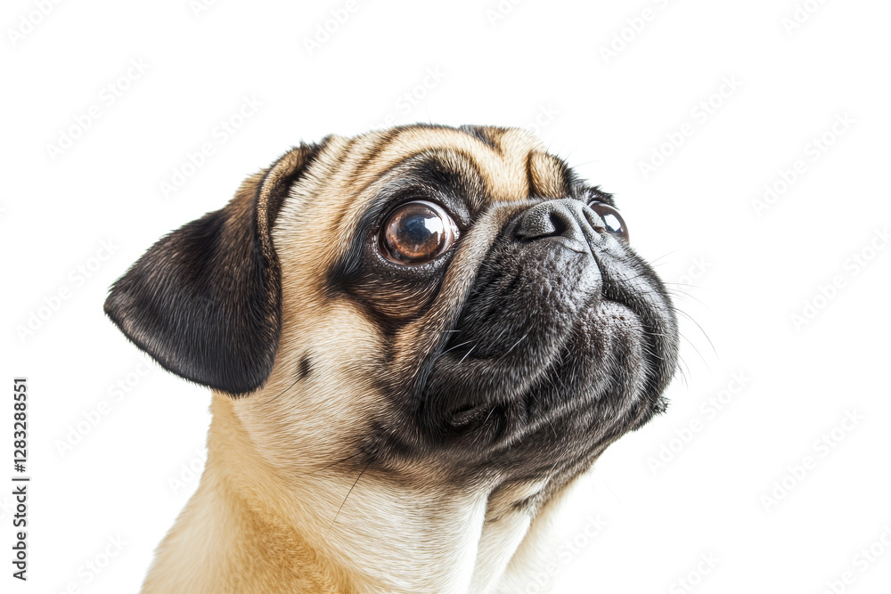 Curious pug looking up with big brown eyes Curious pug looking up with big brown eyes