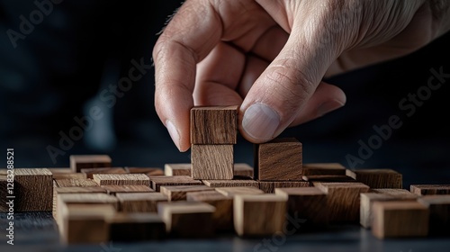 A hand is holding three wooden blocks on top of each other