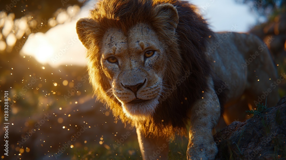 Naklejka premium Majestic Lion Approaching the Camera in a Stunning Golden Light