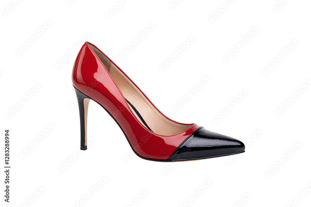 A patent red and black stiletto with a pointed toe. Its glossy finish and high heel embody confidence, glamour, and classic feminine elegance, isolated on a transparent background A patent red and black stiletto with a pointed toe. Its glossy finish and high heel embody confidence, glamour, and classic feminine elegance, isolated on a transparent background