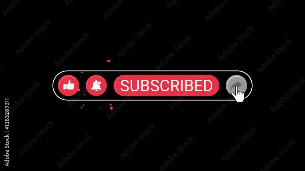 Animation of YouTube subscribe, like, bell, and share buttons isolated on a black background with an alpha channel.