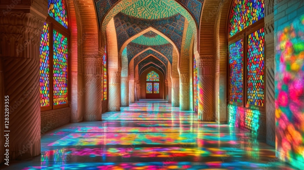 Obraz premium Colorful Reflections in Historic Hallway with Stained Glass Windows