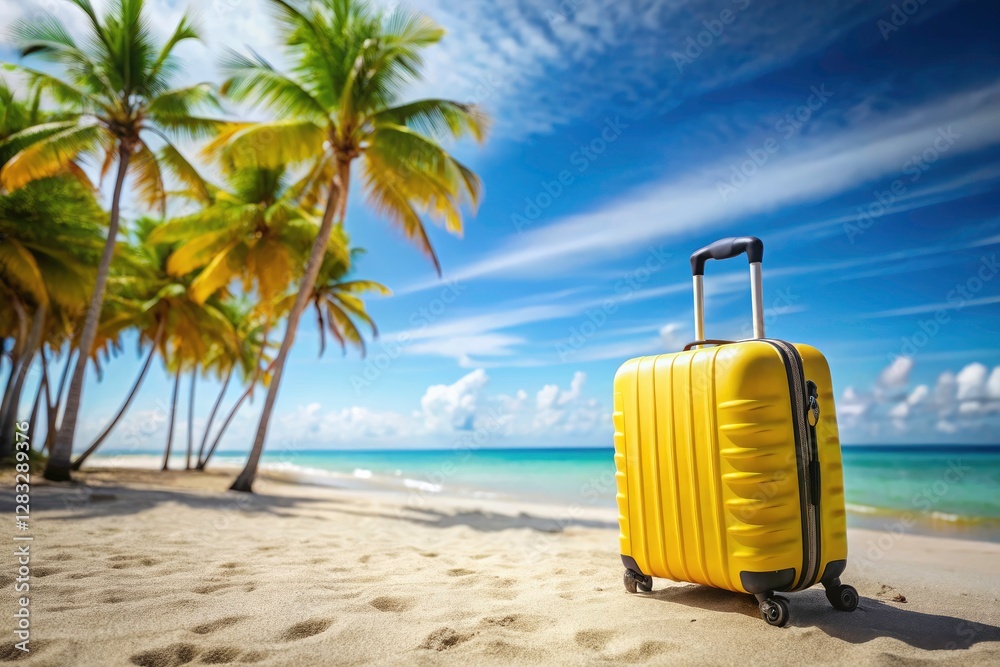 Escape to tropical shores! Your yellow suitcase holds summer's promise: sun, sand, ocean paradise. Escape to tropical shores! Your yellow suitcase holds summer's promise: sun, sand, ocean paradise.
