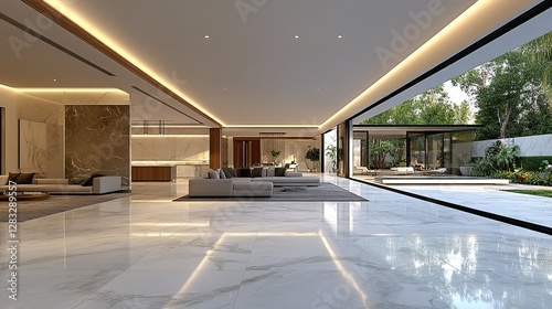 Wallpaper Mural Modern luxury home interior, spacious living area opening to poolside garden Torontodigital.ca