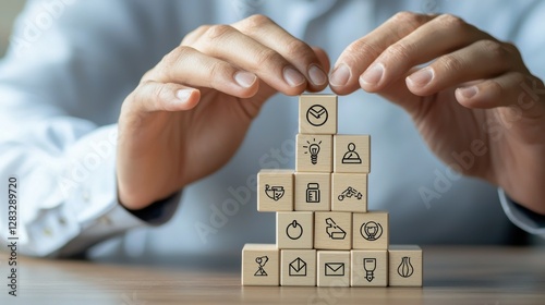 A person is holding a stack of wooden blocks with various symbols on them