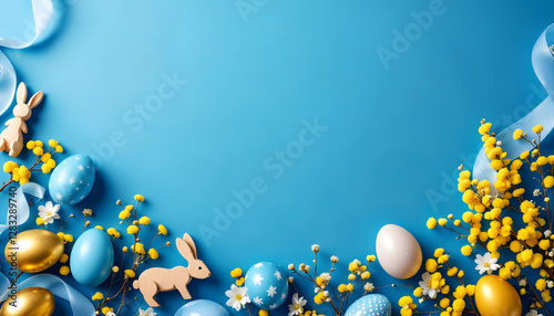 Blue Easter background with eggs and spring flowers arranged as a frame.