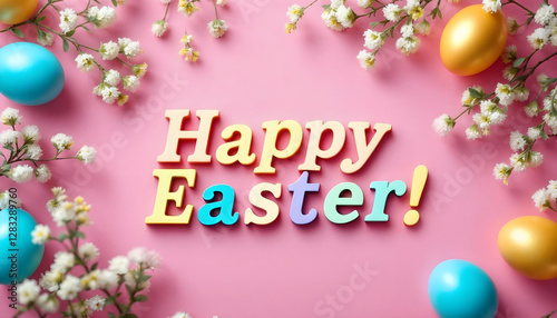 “Happy Easter” - easter poster or banner with eggs and spring flowers arranged as a frame.