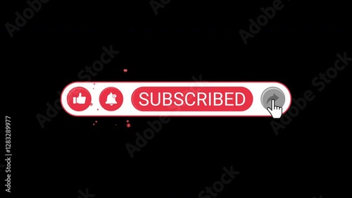 Animation of YouTube subscribe, like, bell, and share buttons.  Isolated on a black background with an alpha channel.
