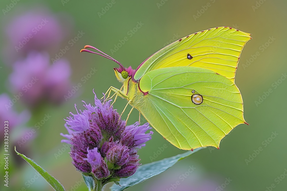 Vibrant yellow butterfly on purple flower, natural bokeh background Vibrant yellow butterfly on purple flower, natural bokeh background