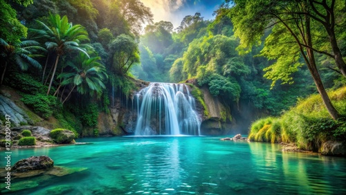 Find tranquility in a tropical waterfall retreat; turquoise pools, misty peaks, vibrant greenery.