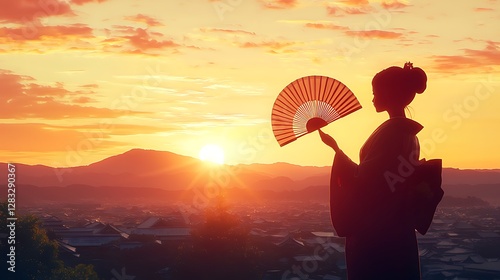 Silhouetted Woman in Kimono with Fan at Sunset Over Japanese Village