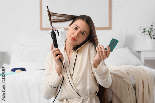 Hurrying young woman talkin...