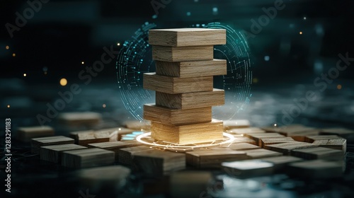 A stack of wooden blocks is on a table with a glowing circle around it