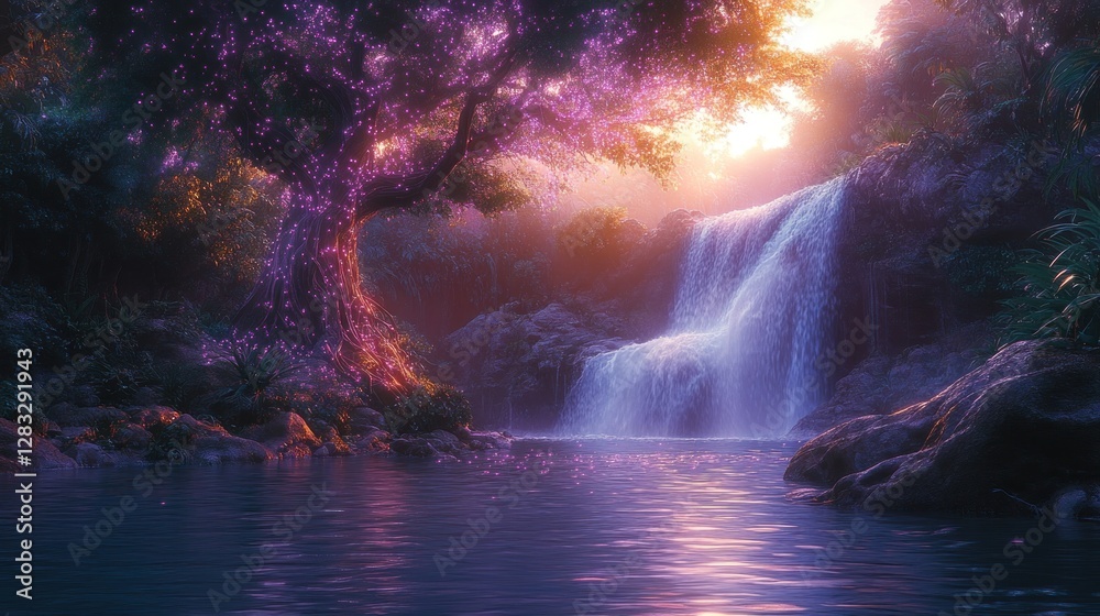 Naklejka premium Magical Waterfall Sunrise Forest