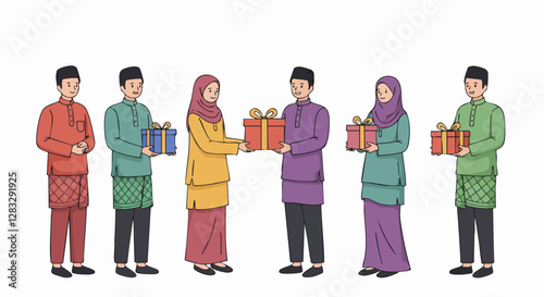 Malaysian group exchanging colorful Eid gifts in traditional attire, smiling, celebrating joyfully.