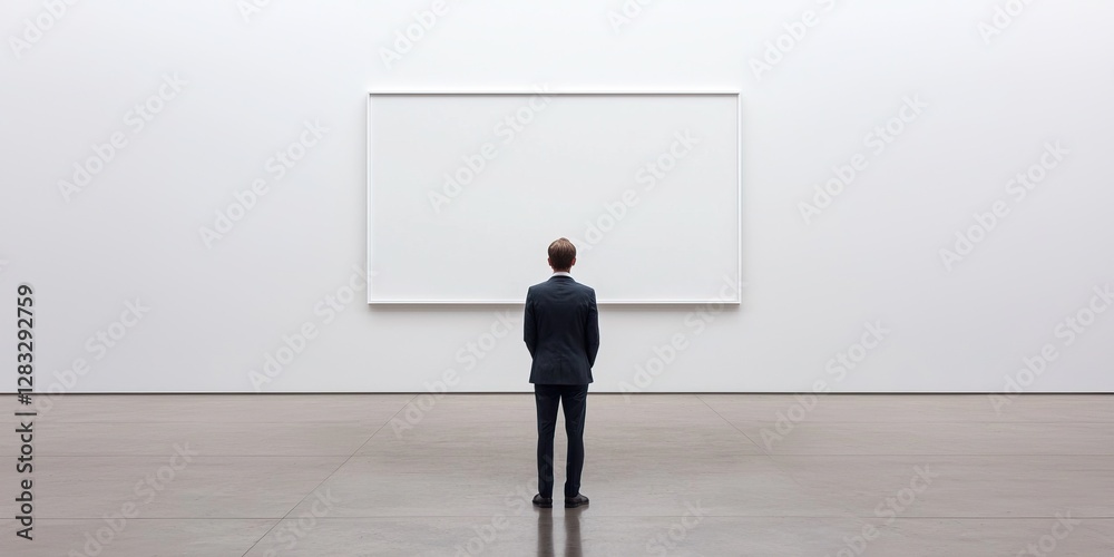 Obraz premium A man in a suit stands before a blank wall in a minimalist gallery, reflecting on the absence of art and the space's emptiness.