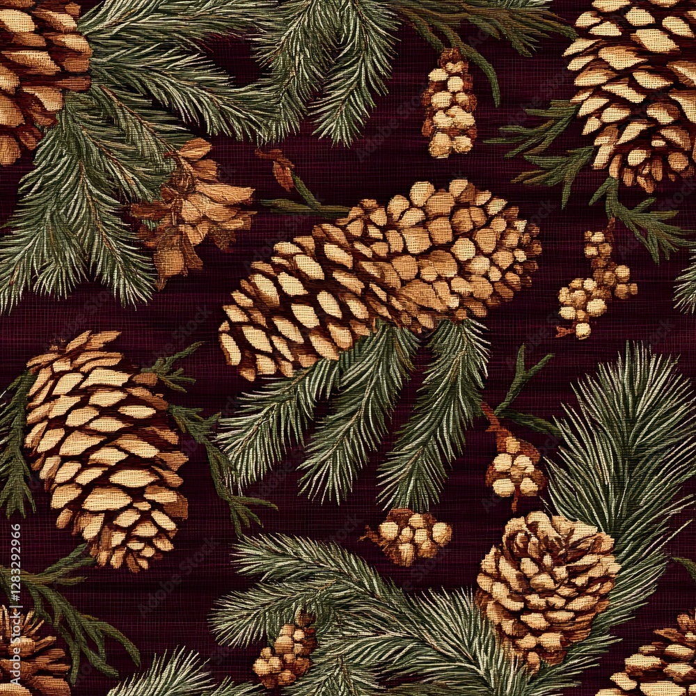 Obraz premium Seamless pattern featuring pine cones and evergreen branches for festive decoration