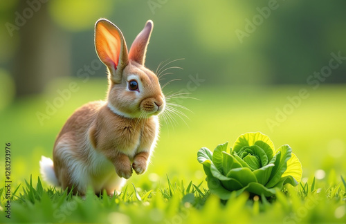 The Rabbit Quickly Hopped Across The Field In Search Of A Delicious And Nutritious Fresh Green Leafy Lettuce Head To Eat Outside Suddenly. 00002 photo