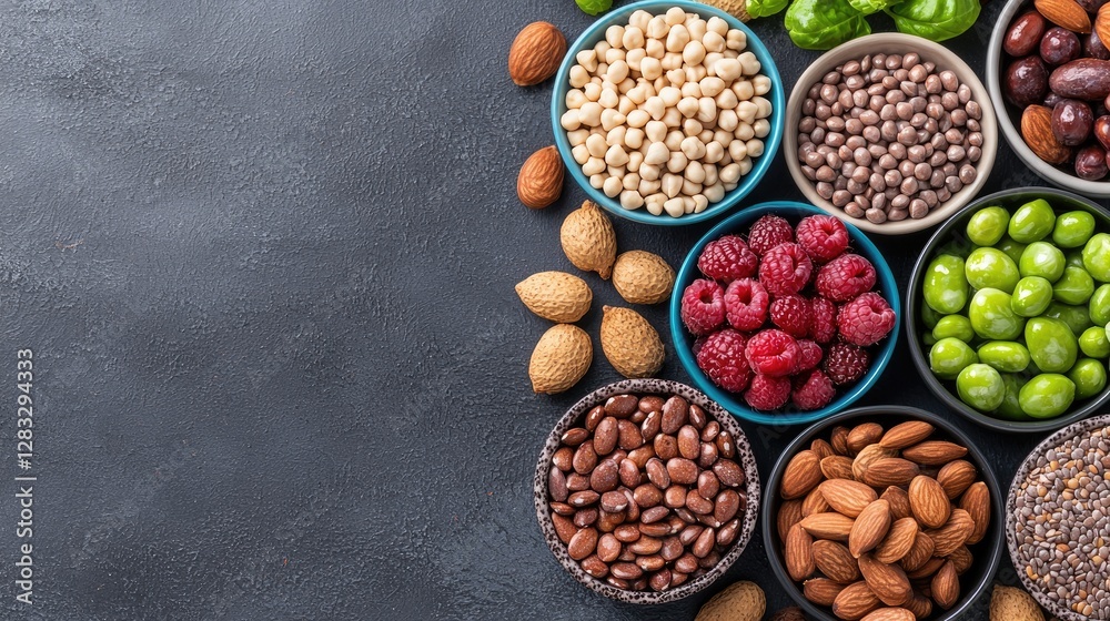 Assorted nuts and seeds in small bowls on dark background. Healthy food display. Possible use for nutrition articles or healthy eating guides Assorted nuts and seeds in small bowls on dark background. Healthy food display. Possible use for nutrition articles or healthy eating guides