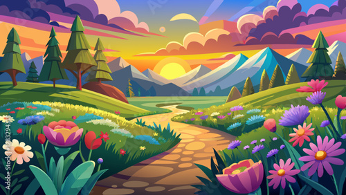 landscape with the blossoming meadow at sunrise