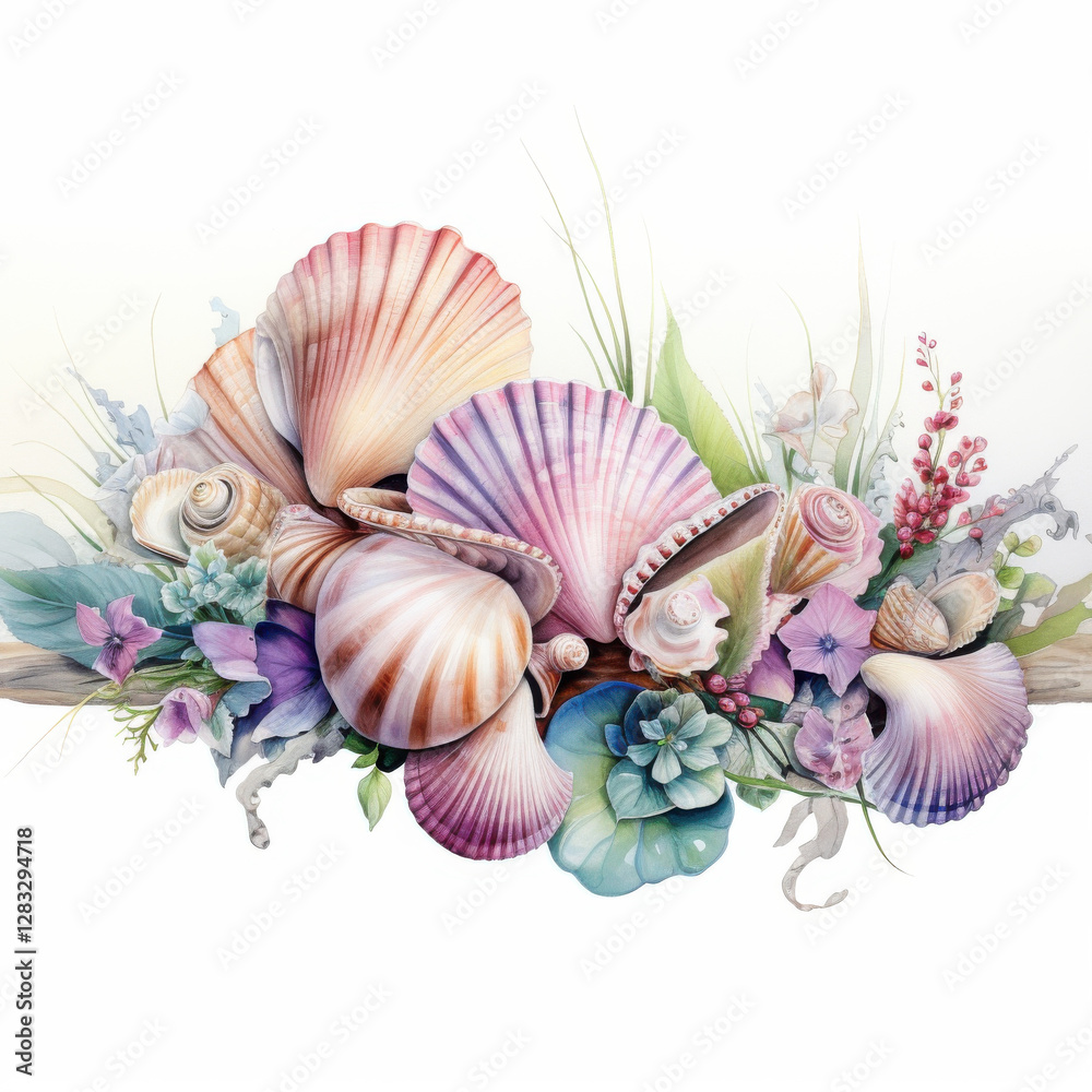 Obraz premium beautiful arrangement of seashells and flowers, showcasing nature elegance and color. Perfect for coastal decor
