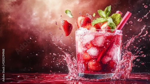 Photorealistic painting of rhubarb and strawberries in a splashing dessert cocktail, against a dark pink velvet background