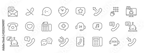 Communication icon set: email, phone, chat, support, robot, contact, music, sos, office. Linear vector