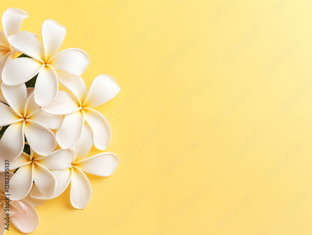 Fototapeta premium A branch of white Frangipani flowers with green leaves on a light yellow background, ample copy space for text
