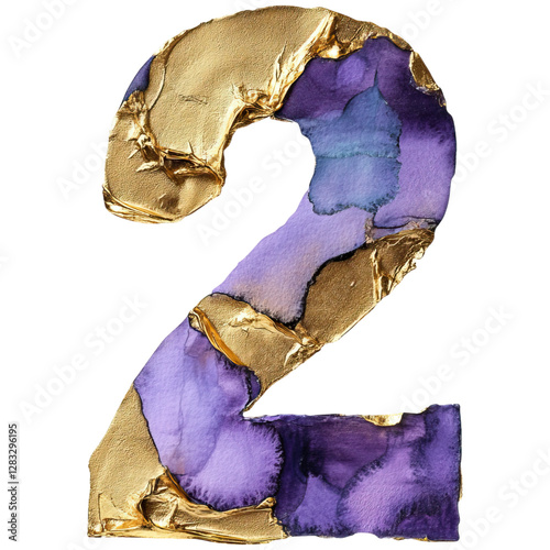 A vibrant, artistic depiction of the number two, featuring gold accents and a blend of purple hues.