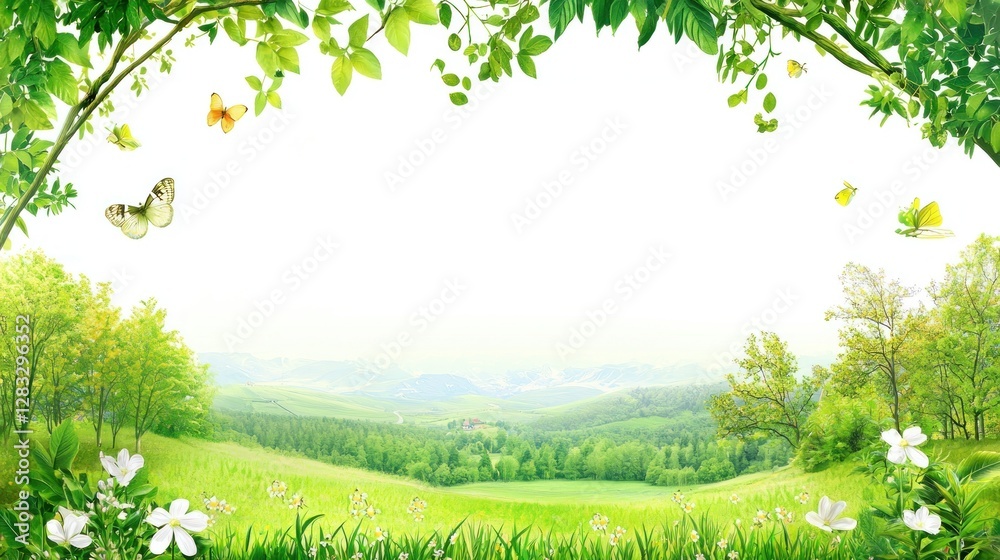 Serene Spring Landscape: Butterflies, Blossoms, and Verdant Hills Serene Spring Landscape: Butterflies, Blossoms, and Verdant Hills