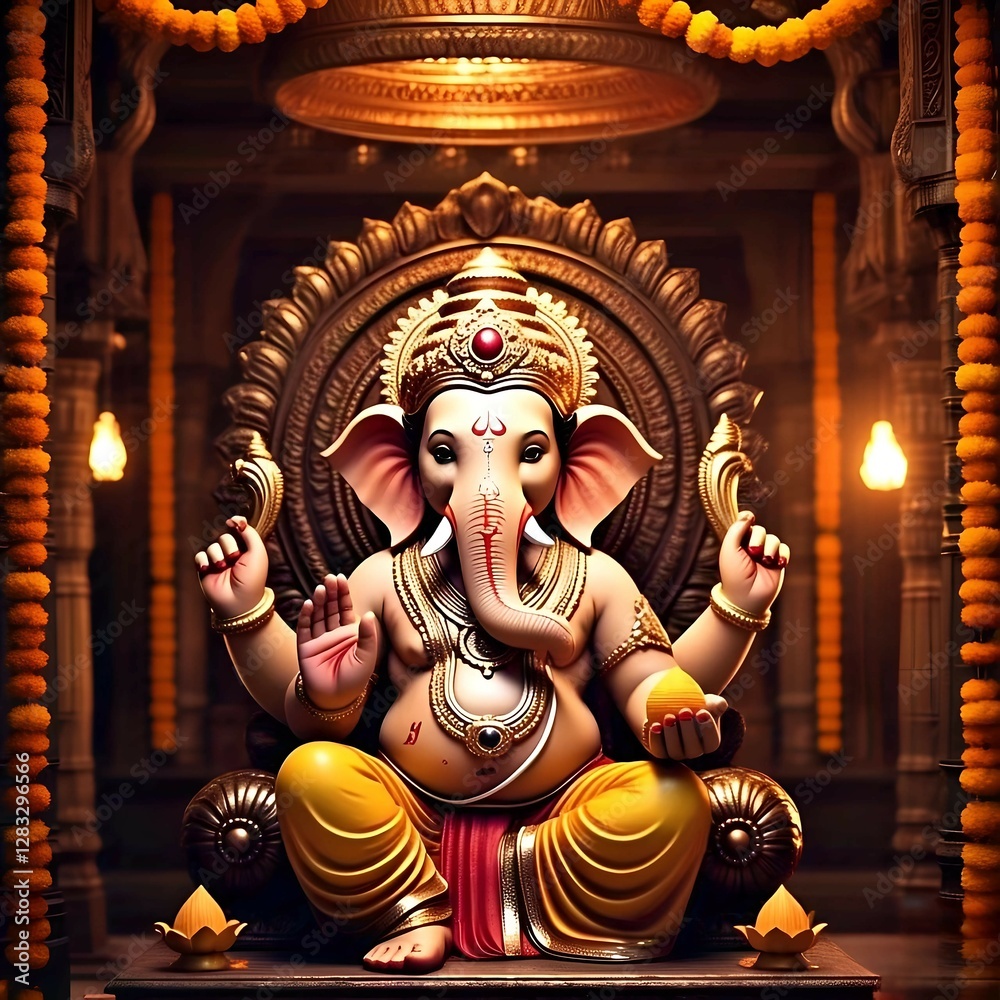 custom made wallpaper toronto digitalGanpati Bappa Photo HD 4K | Lord Ganesha Seated in a Divine Temple with Traditional Decor | Spiritual Hindu God Wallpaper