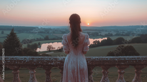 Young woman in an elegant Regency dress gazing at the sunset over rolling hills from a balcony of a grand English estate