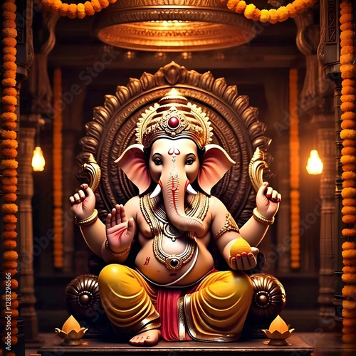 Wallpaper Mural Ganpati Bappa Photo HD 4K | Lord Ganesha Seated in a Divine Temple with Traditional Decor | Spiritual Hindu God Wallpaper Torontodigital.ca