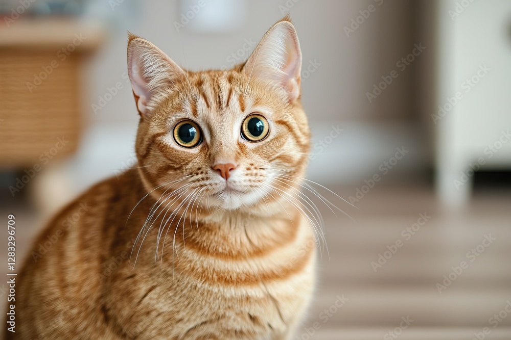 A curious orange-striped cat gazes directly at the camera, showcasing its large, expressive eyes in a cozy indoor setting.