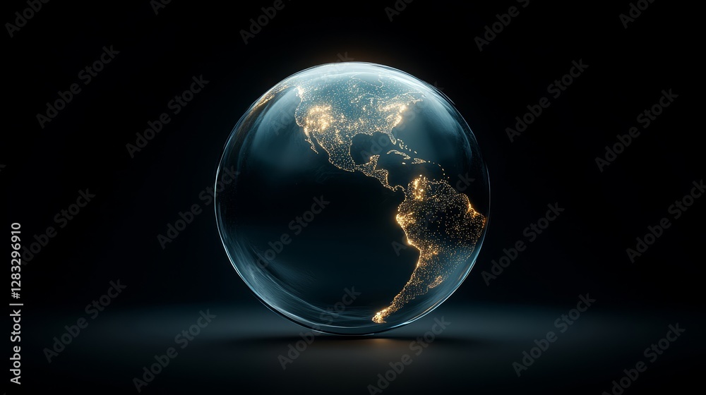 Three-Dimensional Glass Globe Featuring Illuminated Americas Outline Three-Dimensional Glass Globe Featuring Illuminated Americas Outline
