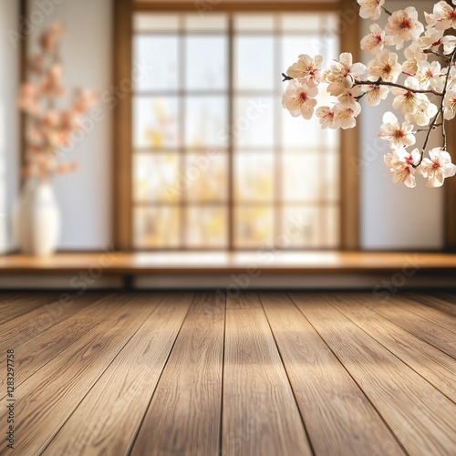 A serene interior with wooden flooring, large windows letting in natural light, and decorative cherry blossom branches.