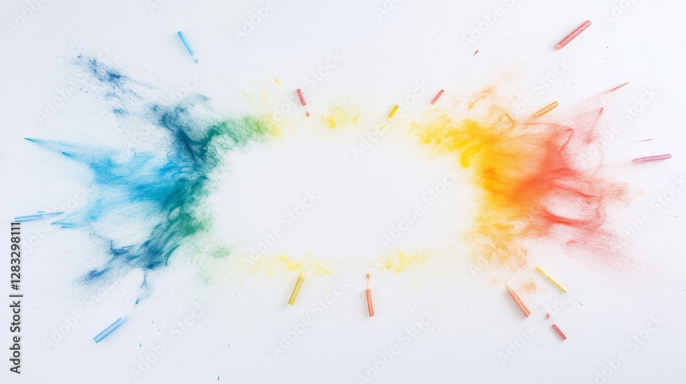 Obraz premium Vibrant Color Explosion with Chalk Dust and Chalk Sticks on a White Background