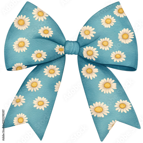 A decorative bow featuring a blue background adorned with white daisies.