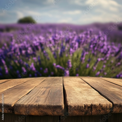 A rustic wooden table foreground with a vibrant lavender field in soft focus, creating a serene and picturesque landscape.