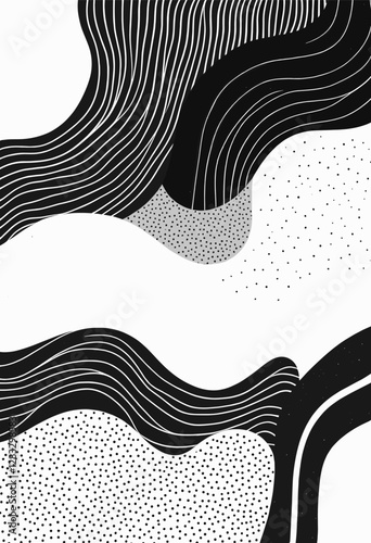 The abstract pattern consists of wavy lines and dots in various shades of black and white, creating a dynamic and visually striking composition.