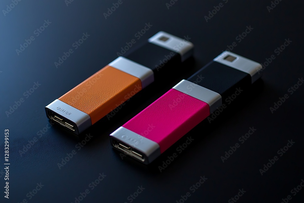 Two stylish portable chargers rest upon a dark surface Two stylish portable chargers rest upon a dark surface