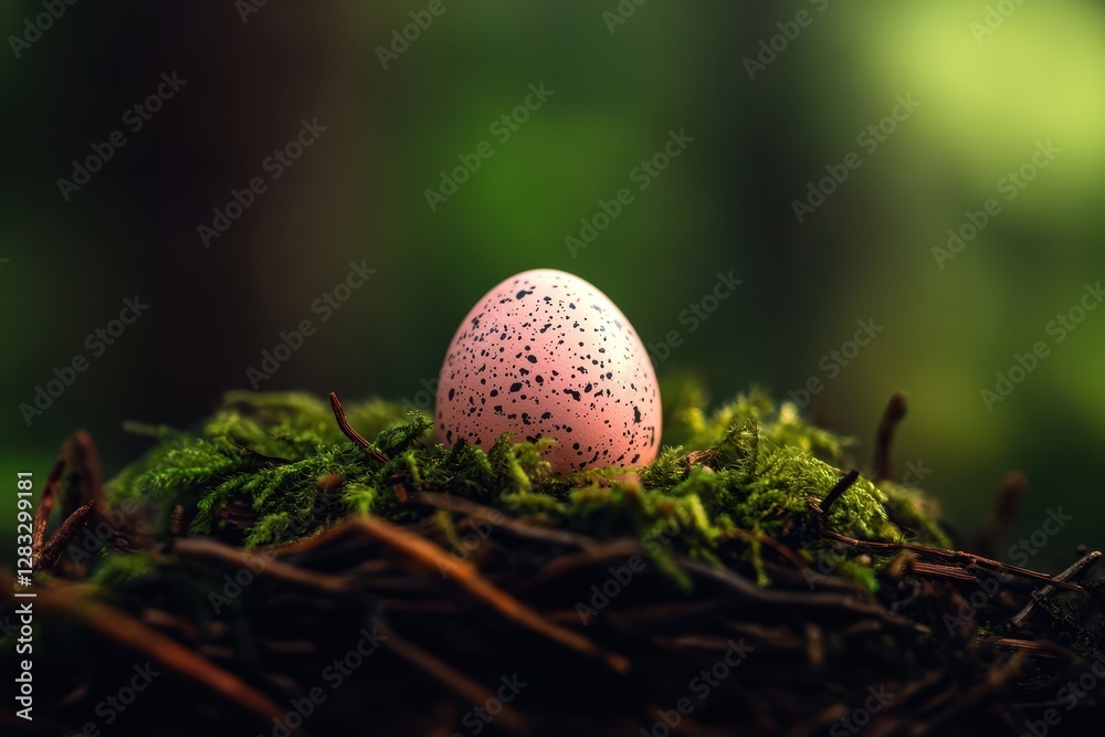 Discovering a beautifully speckled pink egg nestled in a natural mossy nest during springtime festivities Discovering a beautifully speckled pink egg nestled in a natural mossy nest during springtime festivities