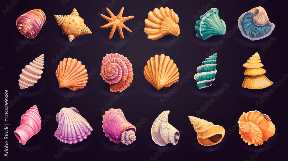 Sea shell and snail conch game icons. Cartoon vector illustration set of cute marine underwater seashell for game ui design. collection of bright nautical or aquarium horned, spiral and scallop clam. Sea shell and snail conch game icons. Cartoon vector illustration set of cute marine underwater seashell for game ui design. collection of bright nautical or aquarium horned, spiral and scallop clam.