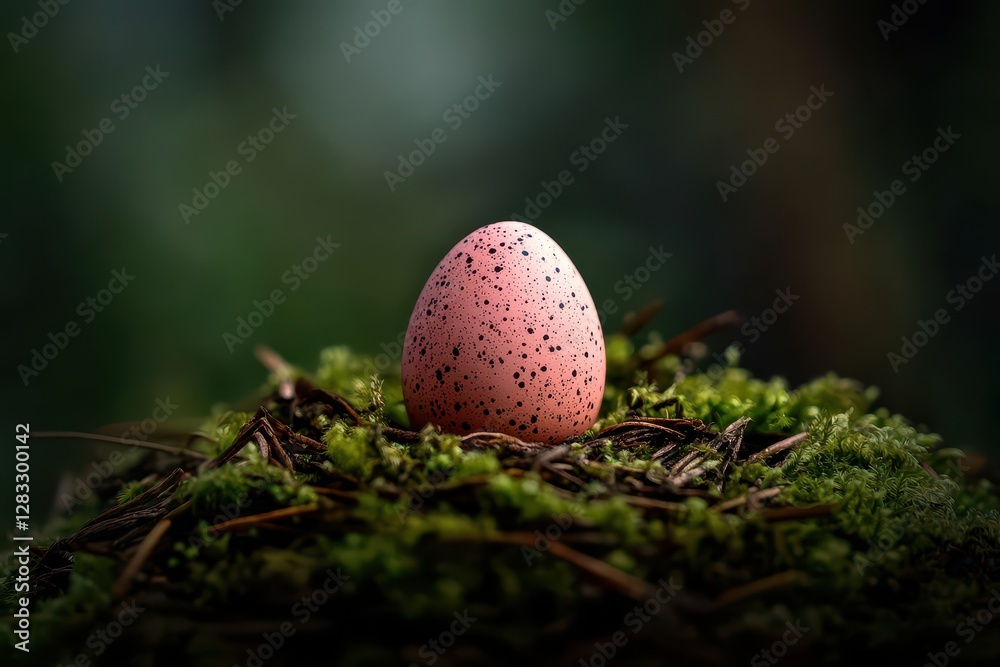 Obraz premium Bright pink speckled egg nestled in moss creates a whimsical feeling of springtime and Easter celebrations
