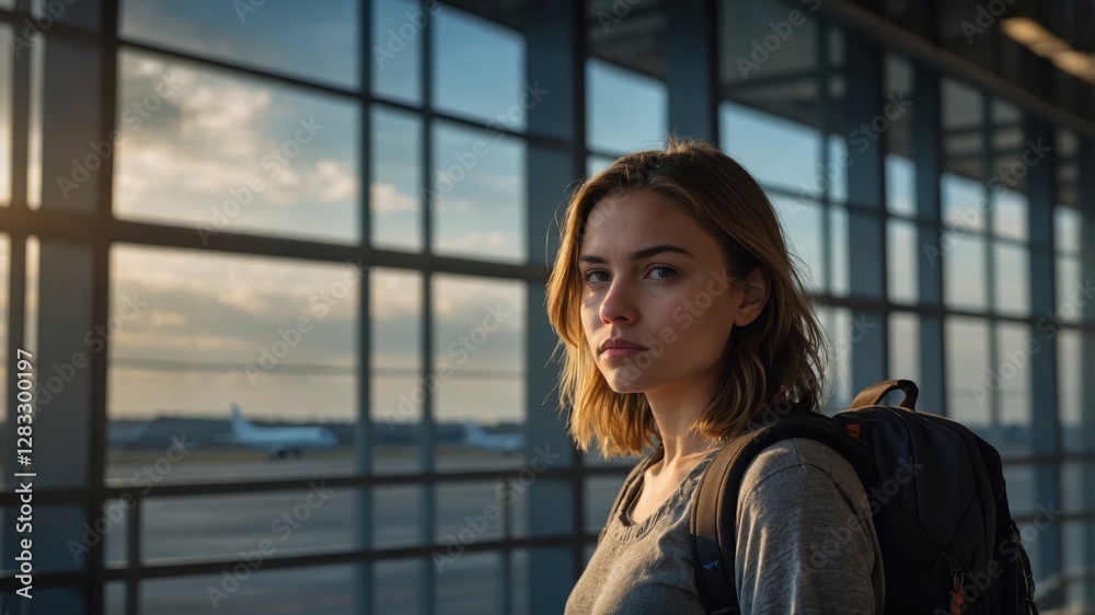 Woman with backpack gazes thoughtfully out of airport windows during evening light while waiting for her flight Woman with backpack gazes thoughtfully out of airport windows during evening light while waiting for her flight
