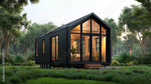 Modern Tiny House Surrounded By Lush Green Forest Landscape