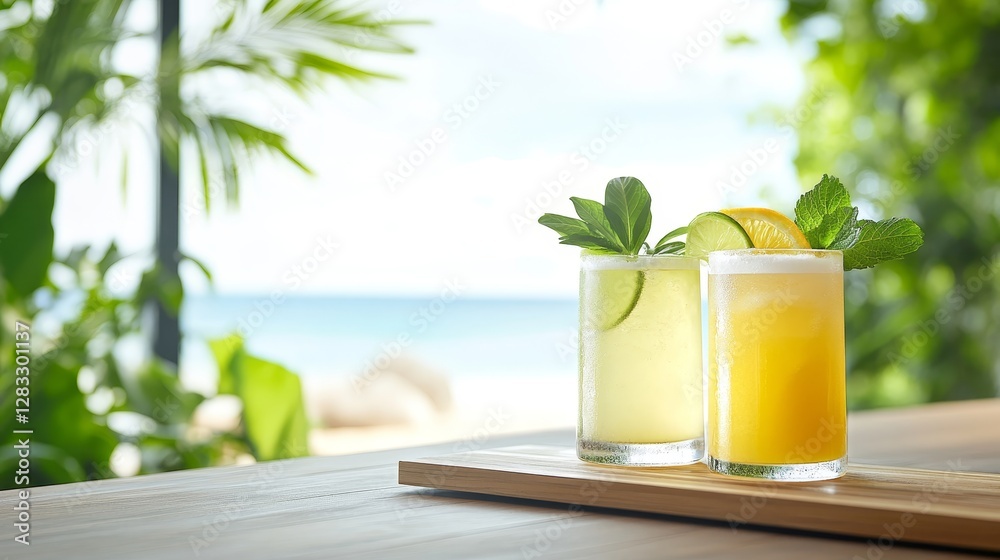 Refreshing Tropical Drinks with Citrus and Mint on a Wooden Table Refreshing Tropical Drinks with Citrus and Mint on a Wooden Table