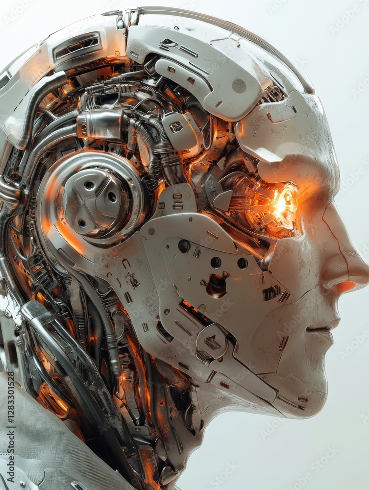 Fototapeta premium Futuristic side profile of a humanoid head with advanced mechanical structures and a glowing robotic eye. Generative AI
