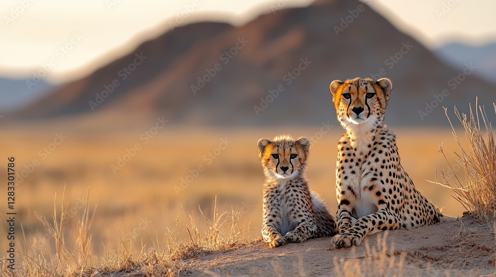 Relaxing cheetahs on sunlit hill, showcasing their beauty and grace Relaxing cheetahs on sunlit hill, showcasing their beauty and grace